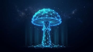 AI hallucinations concept illustrated as a glowing digital mushroom made of interconnected network nodes, representing the structural nature of large language models.