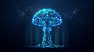AI hallucinations concept illustrated as a glowing digital mushroom made of interconnected network nodes, representing the structural nature of large language models.